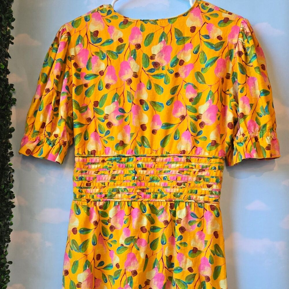 FARM Rio Yellow Floral V-Neck Midi Dress with Pink & Green Accents - Picture 2 of 5